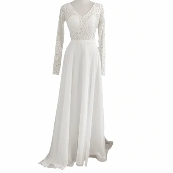 BRIDAL WHITE LACE LONG SLEEVE BACKLESS V-NECKLINE TRAINED WEDDING GOWN DRESS - Picture 2 of 9